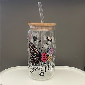 Floral Butterfly Glass Tumbler with Bamboo Lid